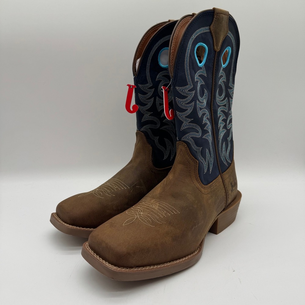 Justin Men's Western Cowboy Boots Size 10.5 D Brown Blue Leather Square Toe